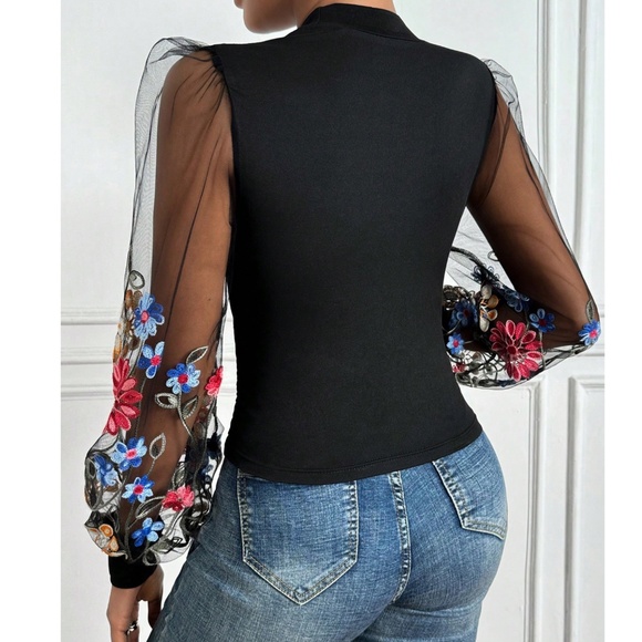 Luxe Floral Crochet V neck Fitted Semi Sheer Long Sleeve Top - Picture 5 of 6